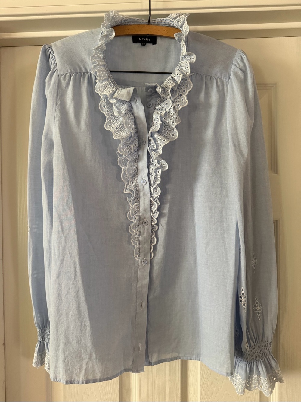 ME+EM Light Blue Cotton Ruffle-Trim Button-Down Blouse